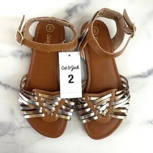 NWT Cat & Jack Metallic Woven Sandals, Tan/Copper/Gold, Size 2